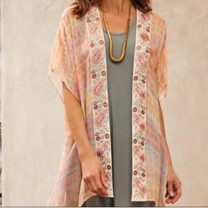 Soft Surroundings Watercolor Embroidered Kimono Semi Sheer Topper S/M NWT